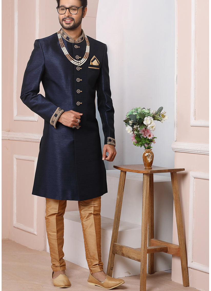 Midnight Blue Banarasi Silk Embroidered Indo Western