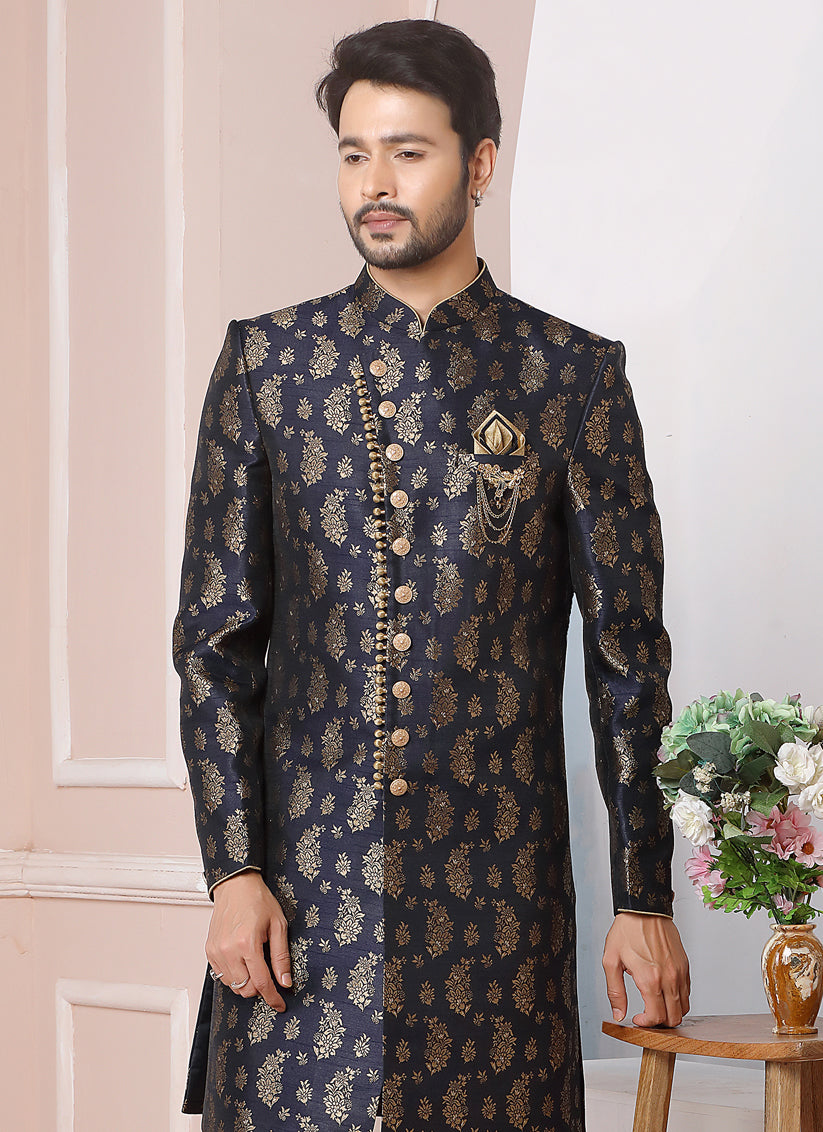 Midnight Blue Jacquard Silk Mens Indo Western