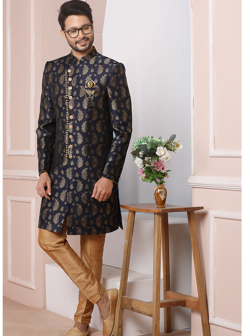 Midnight Blue Jacquard Silk Mens Indo Western
