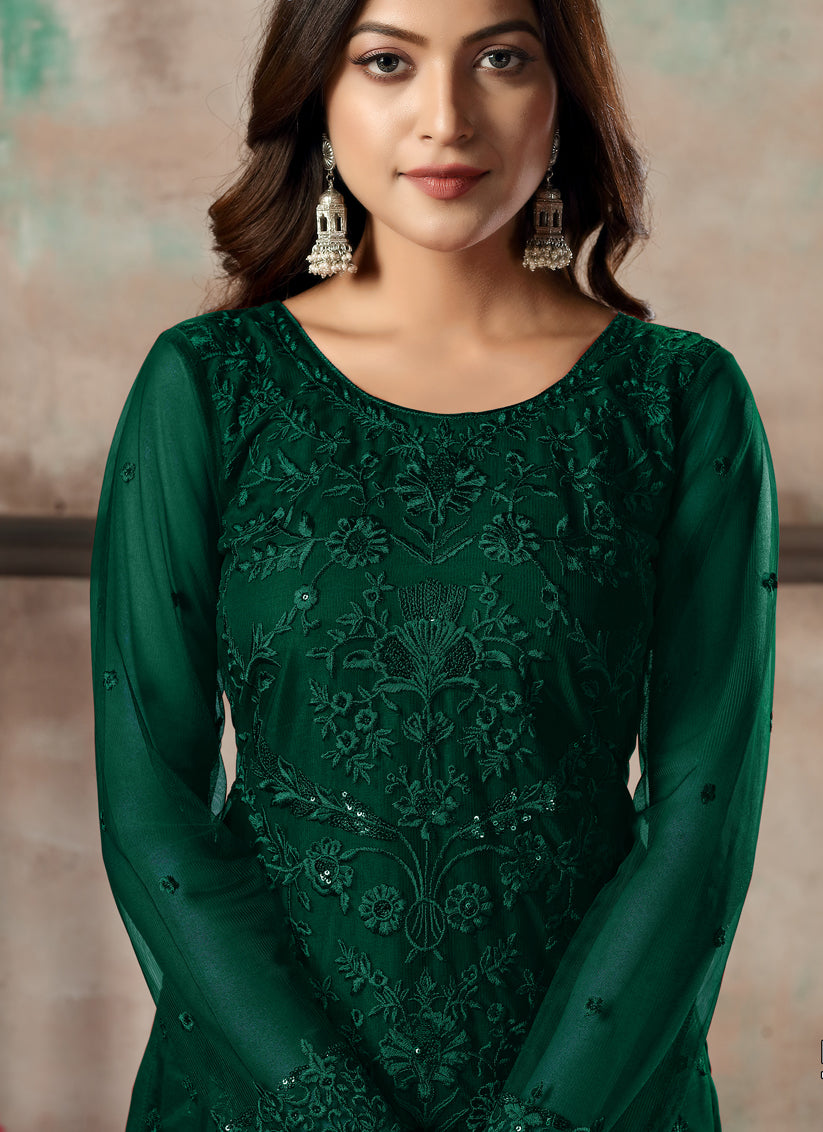 Pine Green Net Embroidered Designer Pant Kameez