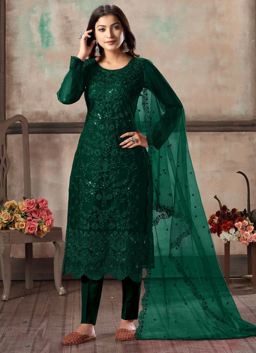 Pine Green Net Embroidered Designer Pant Kameez