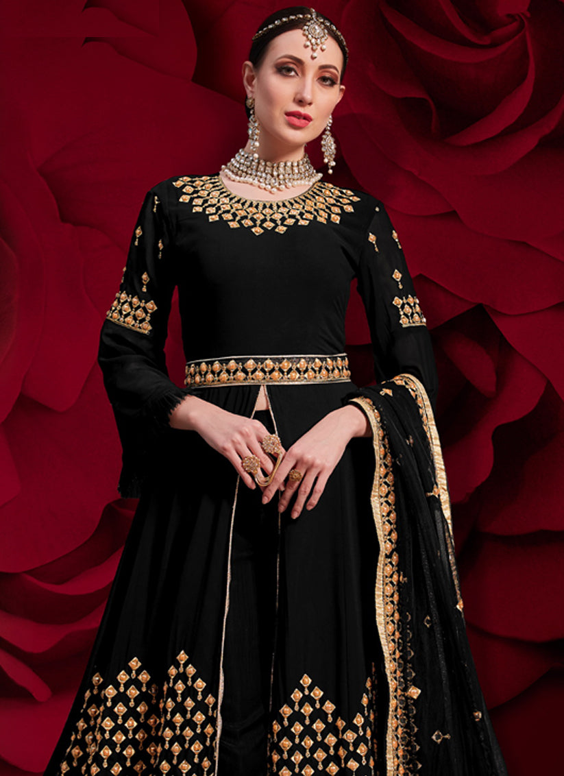 Black Georgette Embroidered Designer Pant Kameez Set
