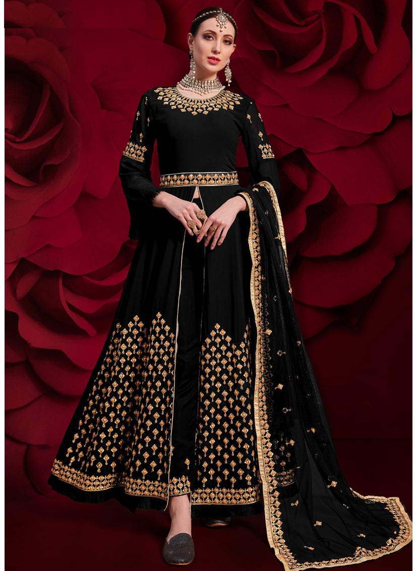Black Georgette Embroidered Designer Pant Kameez Set