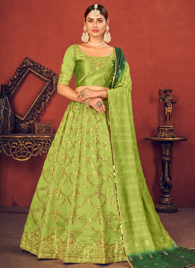Lime Green Art Silk Sequins Wedding Lehenga Choli