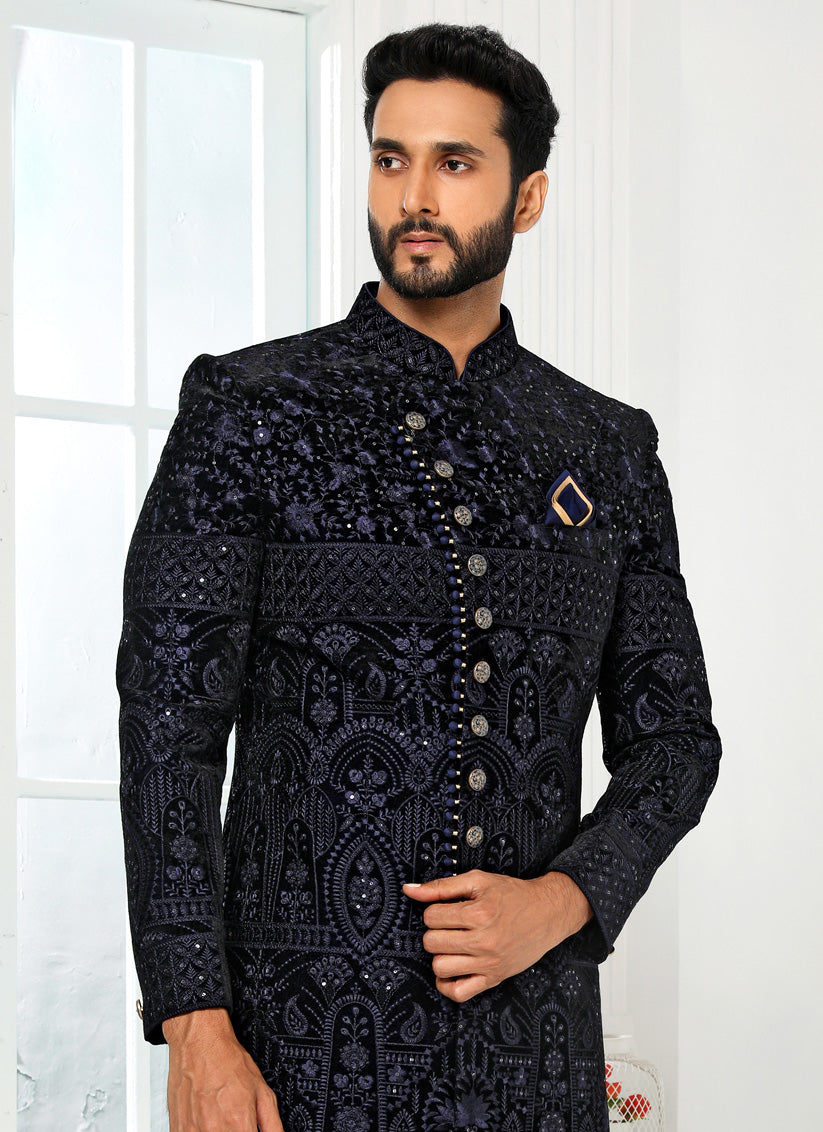Midnight Blue Art Silk Embroidered Mens Sherwani