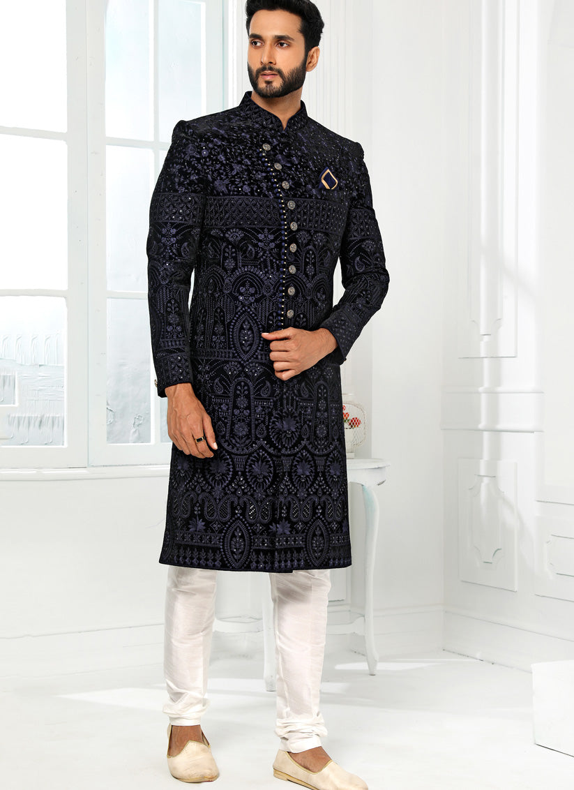 Midnight Blue Art Silk Embroidered Mens Sherwani