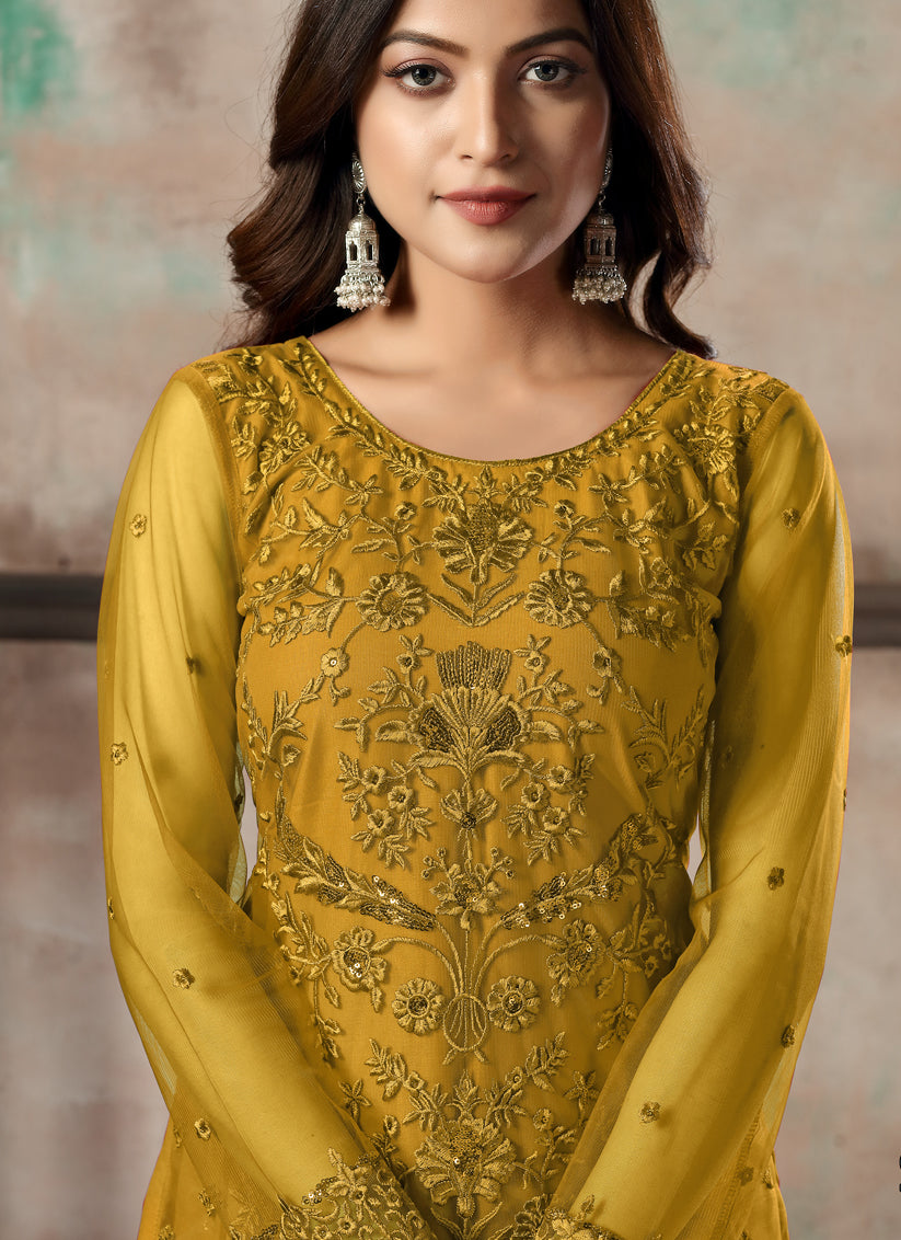 Mustard Net Embroidered Designer Pant Kameez