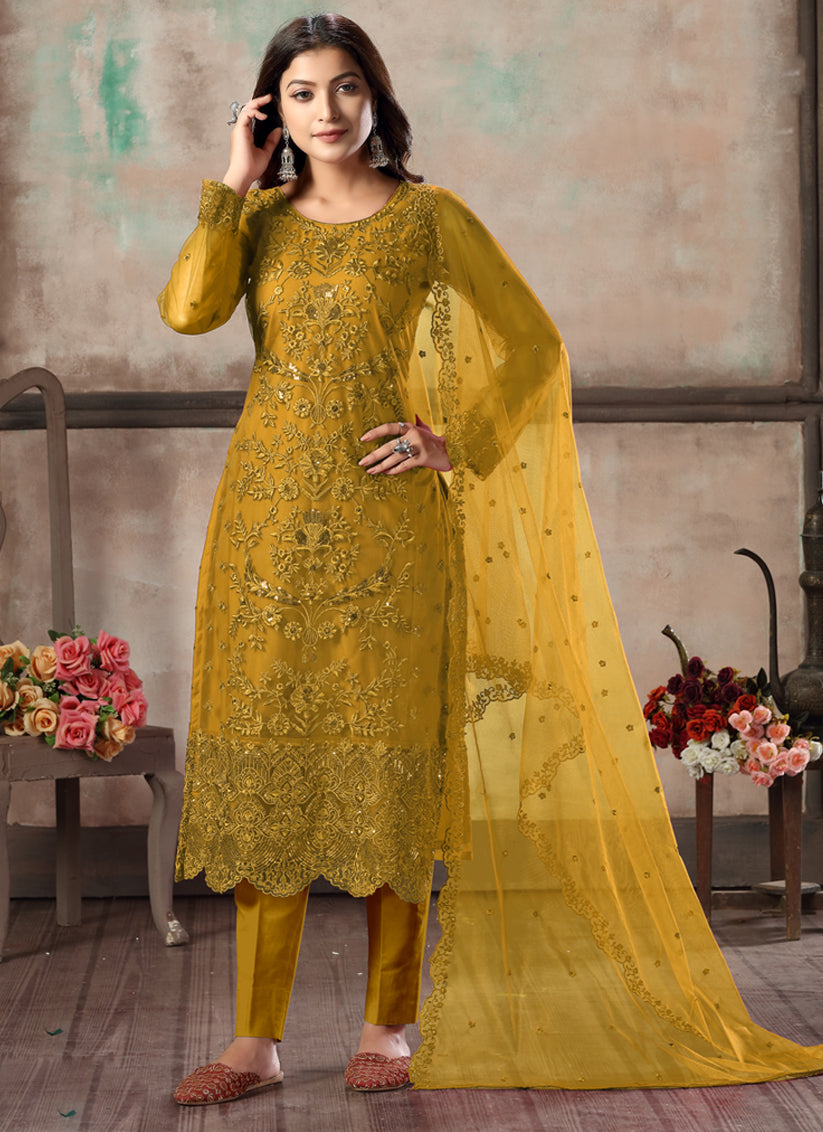 Mustard Net Embroidered Designer Pant Kameez