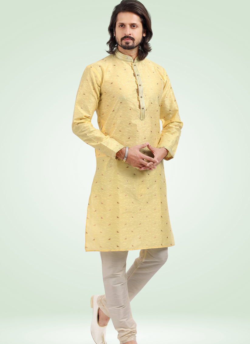Yellow Jacquard Banarasi Silk Pintucks Mens Kurta Pyjama Set
