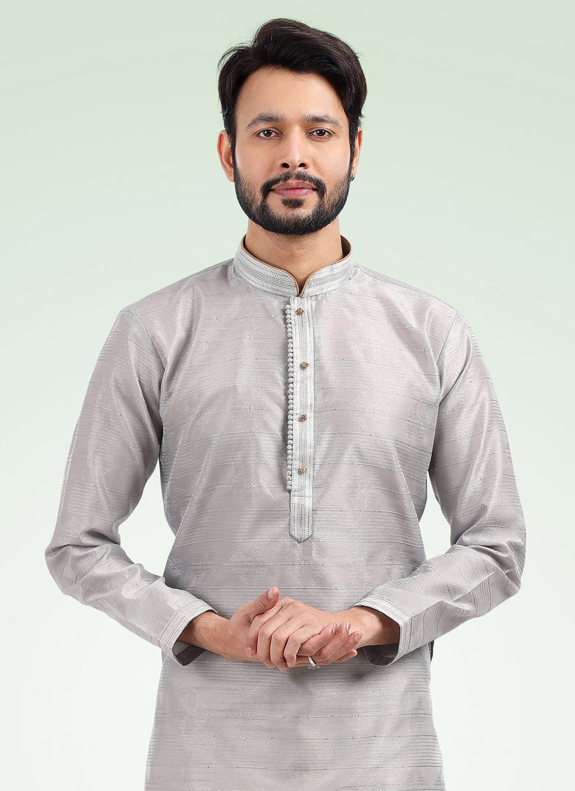 Silver Grey Jacquard Banarasi Silk Pintucks Mens Kurta Pyjama Set