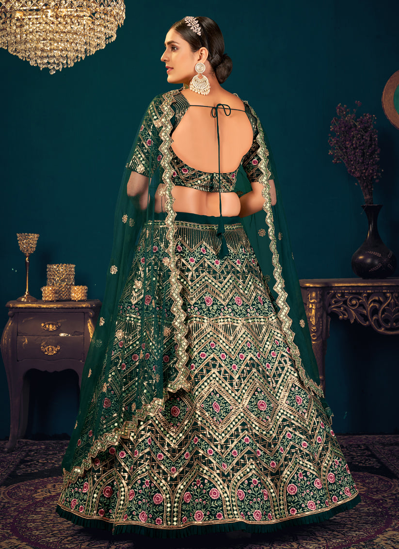 Pine Green Georgette Embroidered Wedding Lehenga Choli