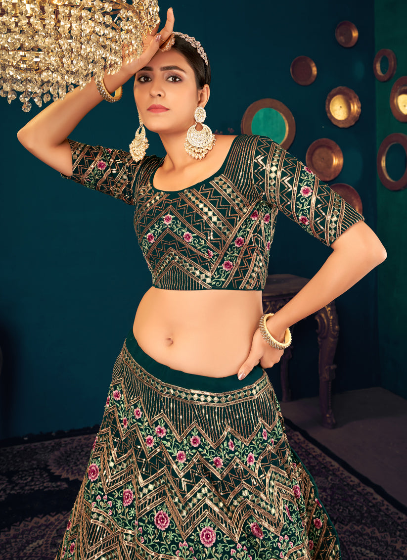 Pine Green Georgette Embroidered Wedding Lehenga Choli