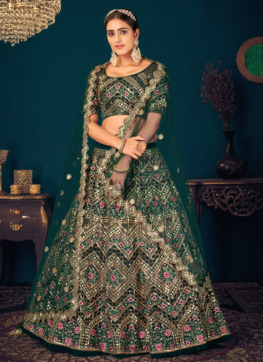 Pine Green Georgette Embroidered Wedding Lehenga Choli