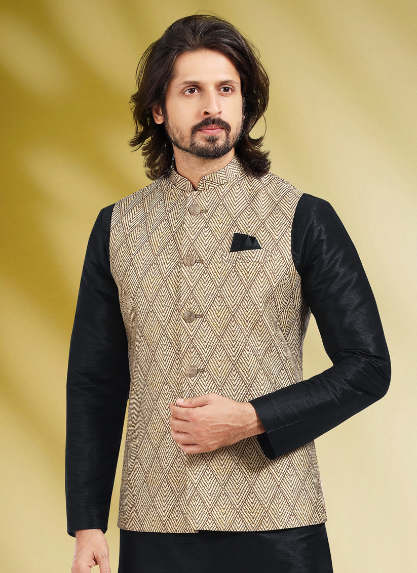 Black Art Banarasi Silk Printed Mens Kurta Pyjama Set with Jacket