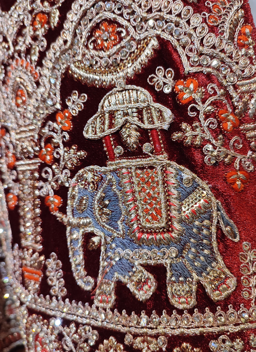 Maroon Velvet Embroidered Bridal Lehenga Choli