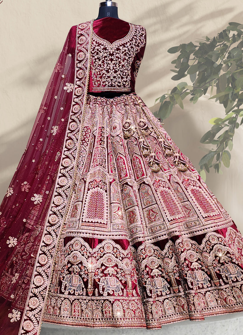 Maroon Velvet Embroidered Bridal Lehenga Choli