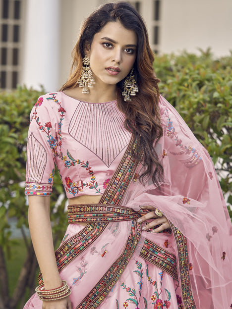 Rose Pink Silk Embroidered Wedding Lehenga Choli