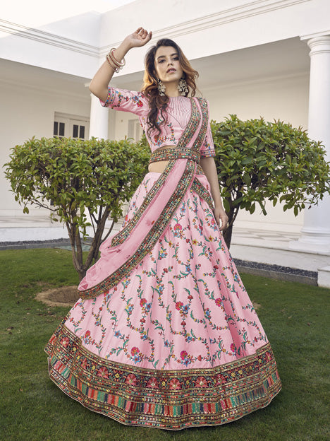 Rose Pink Silk Embroidered Wedding Lehenga Choli