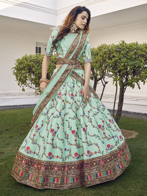 Aqua Mint Silk Embroidered Wedding Lehenga Choli