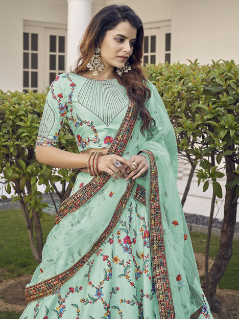 Aqua Mint Silk Embroidered Wedding Lehenga Choli
