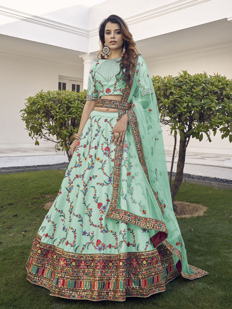 Aqua Mint Silk Embroidered Wedding Lehenga Choli