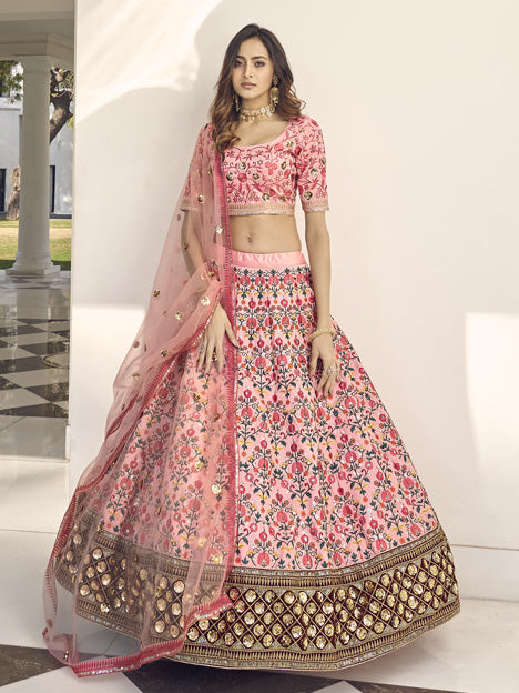Coral Pink Art Silk Embroidered Wedding Lehenga Choli