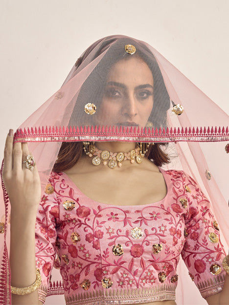 Coral Pink Art Silk Embroidered Wedding Lehenga Choli