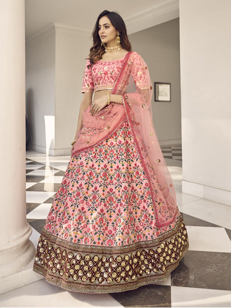 Coral Pink Art Silk Embroidered Wedding Lehenga Choli
