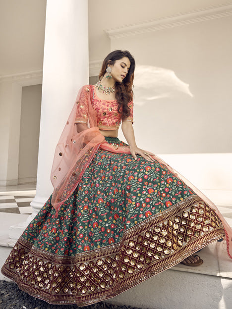 Pine Green Art Silk Embroidered Wedding Lehenga Choli