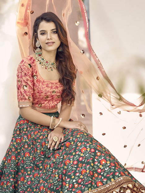 Pine Green Art Silk Embroidered Wedding Lehenga Choli