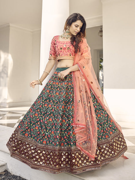 Pine Green Art Silk Embroidered Wedding Lehenga Choli