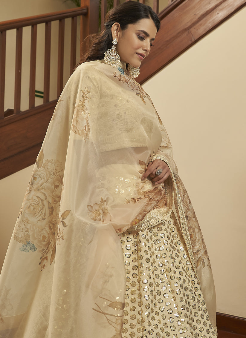 Ivory Art Silk Sequins Wedding Lehenga Choli