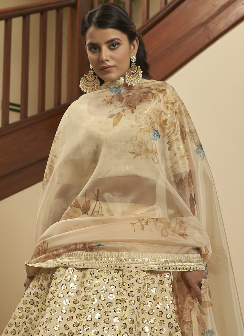 Ivory Art Silk Sequins Wedding Lehenga Choli