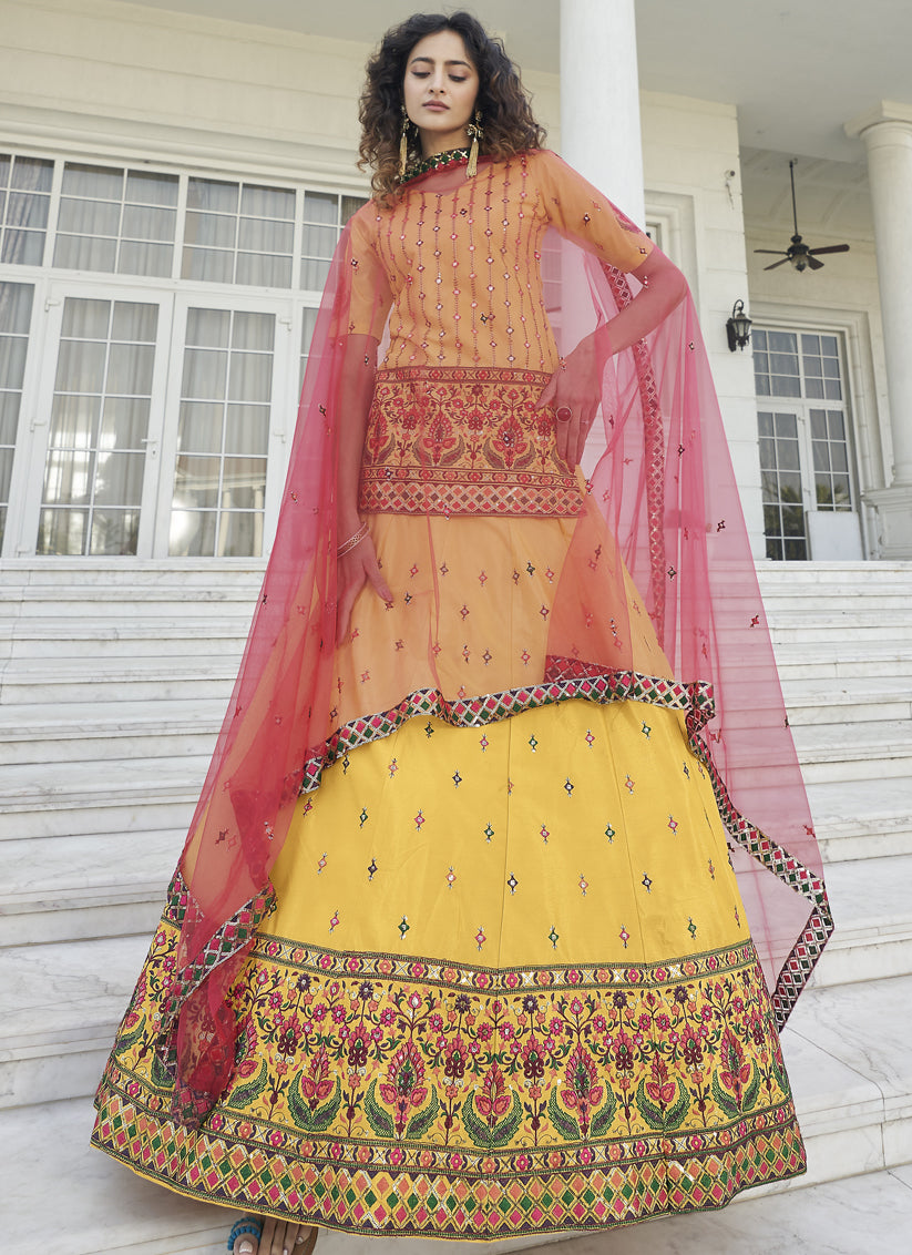 Yellow Chinnon Chiffon Embroidered Lehenga Kameez