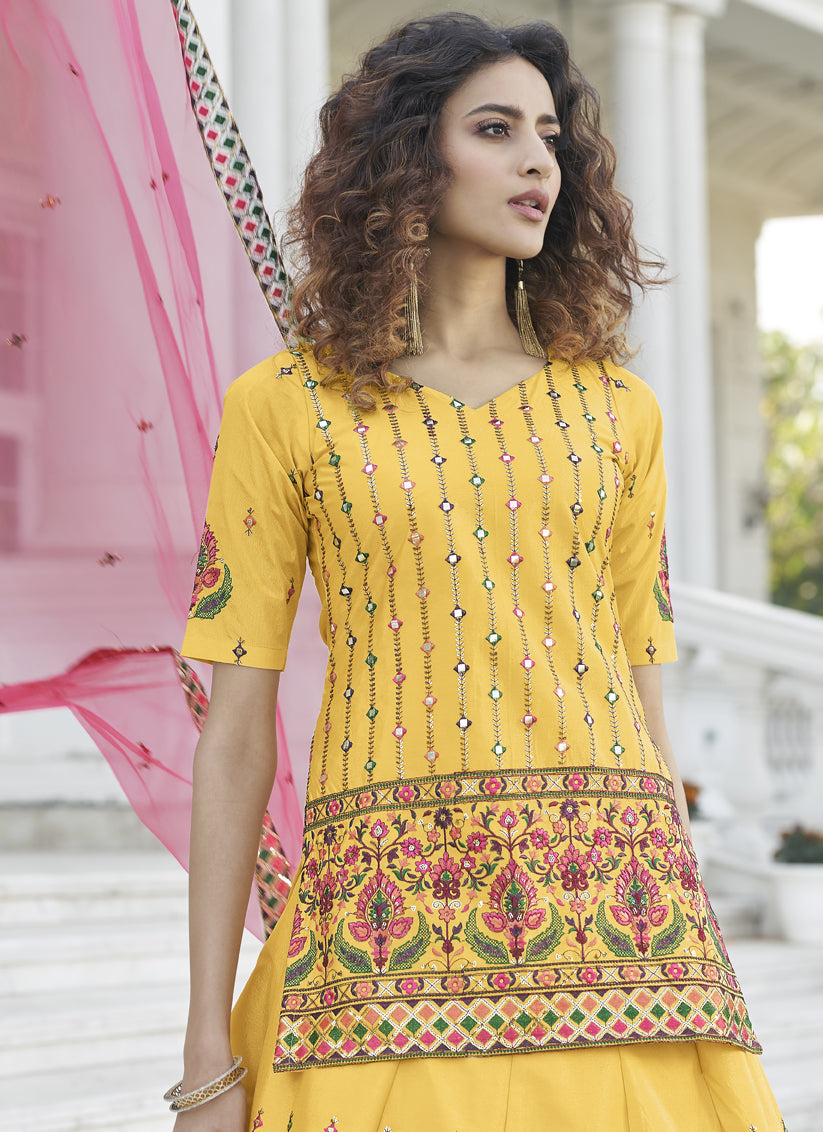 Yellow Chinnon Chiffon Embroidered Lehenga Kameez