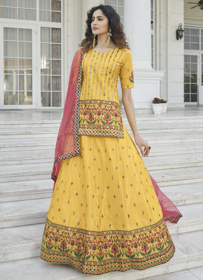 Yellow Chinnon Chiffon Embroidered Lehenga Kameez