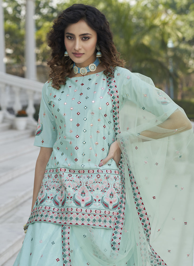 Ice Blue Chinnon Chiffon Embroidered Lehenga Kameez