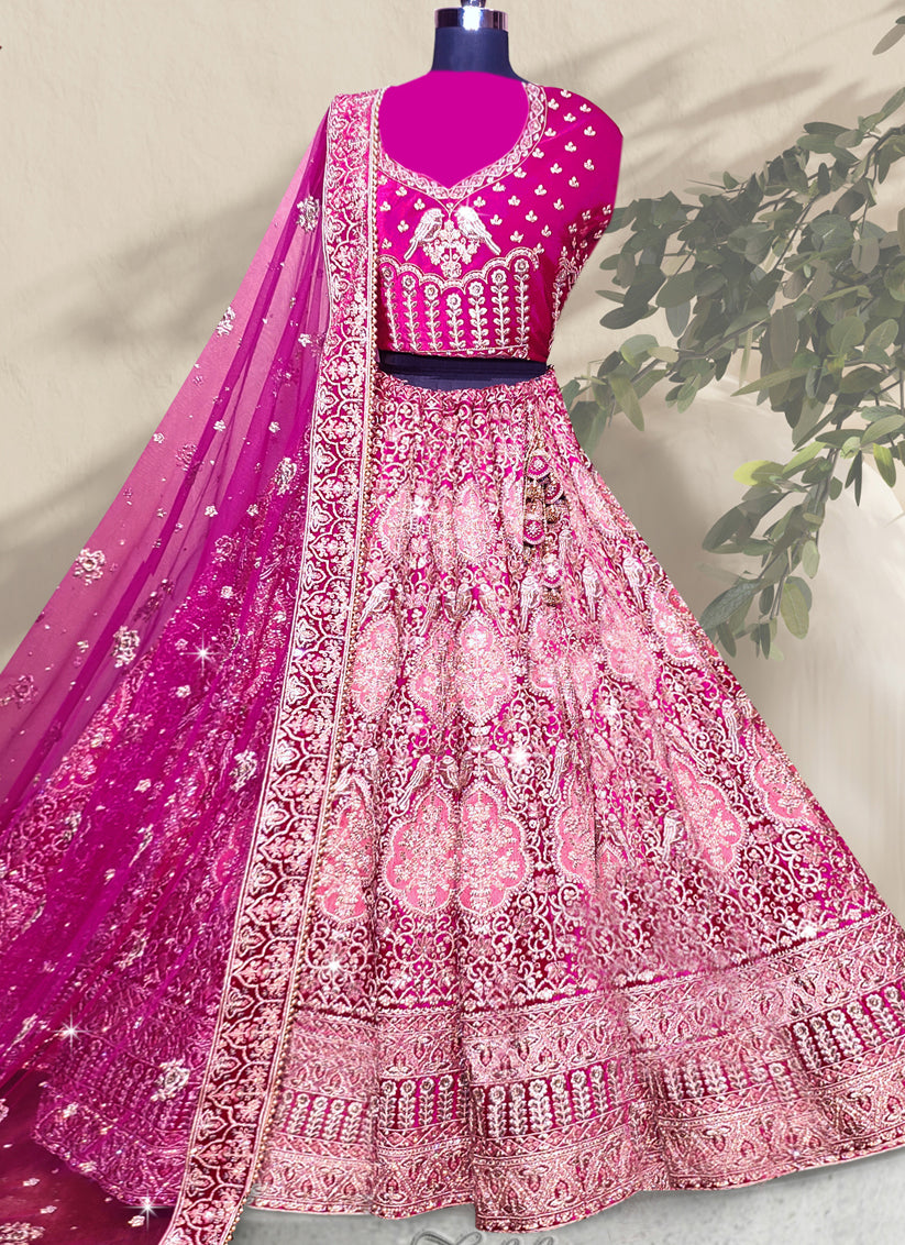 Pink Velvet Embroidered Bridal Lehenga Choli