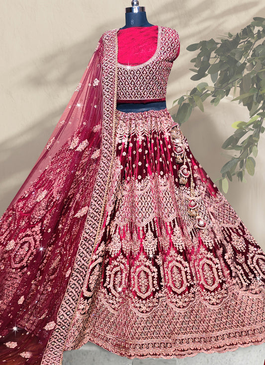 Maroon Velvet Embroidered Bridal Lehenga Choli