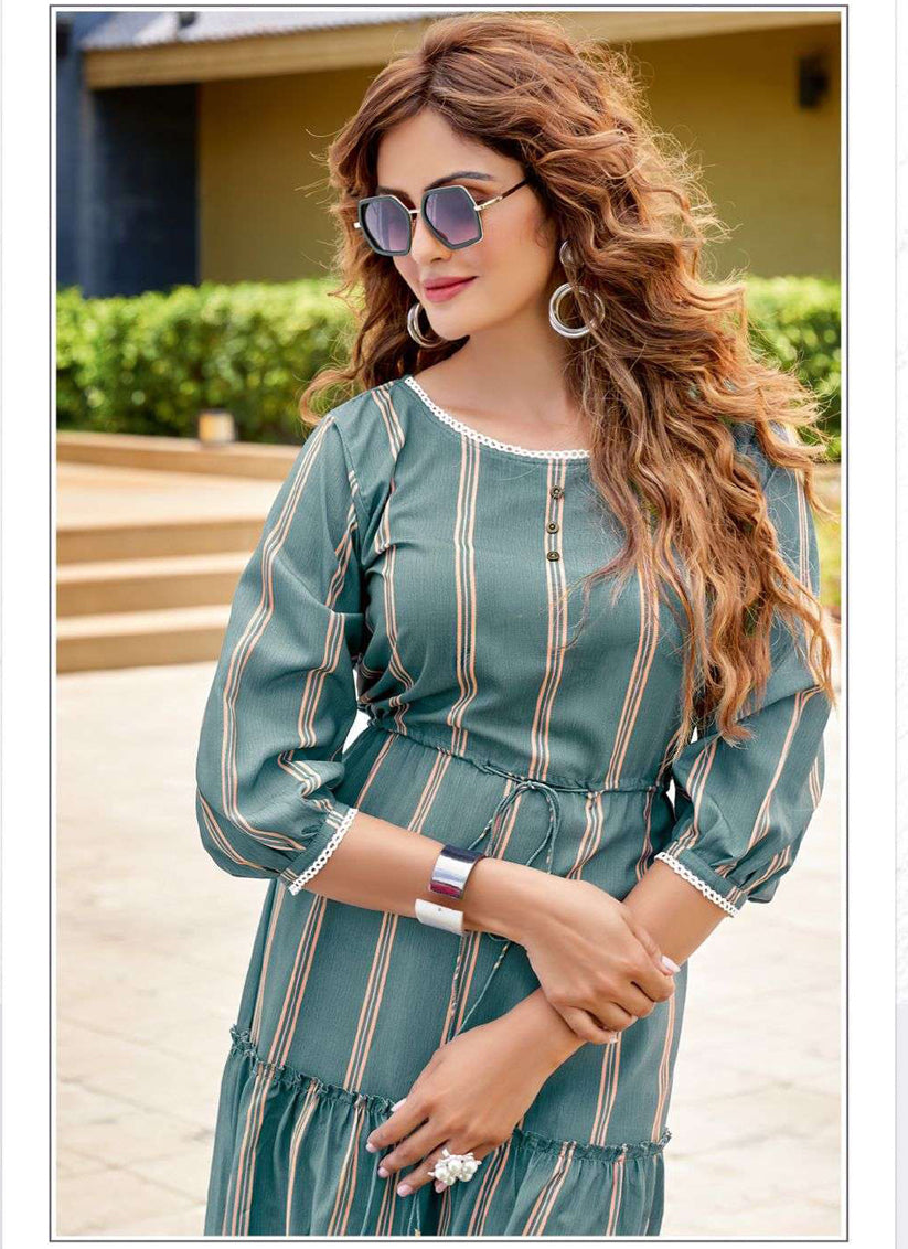 Pale Blue Rayon Printed Ready Made Party Wear Kurti