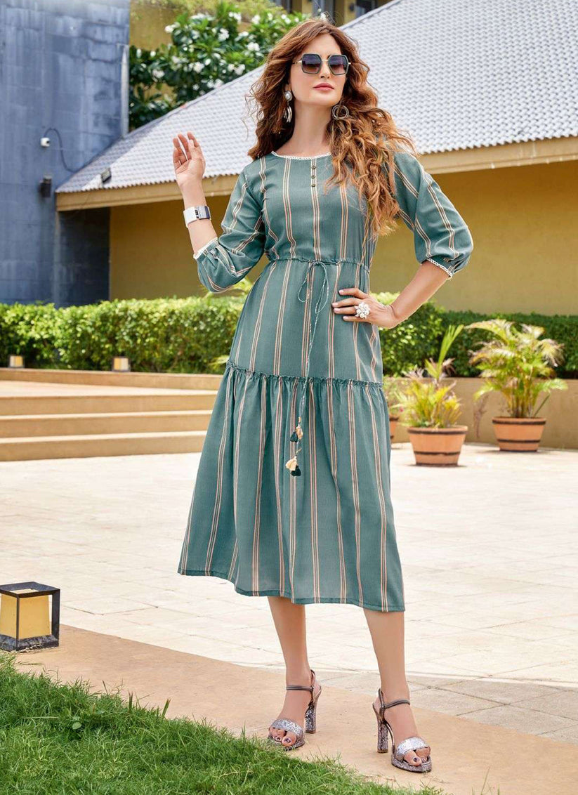 Pale Blue Rayon Printed Ready Made Party Wear Kurti