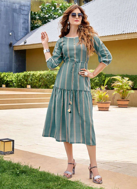 Pale Blue Rayon Printed Ready Made Party Wear Kurti