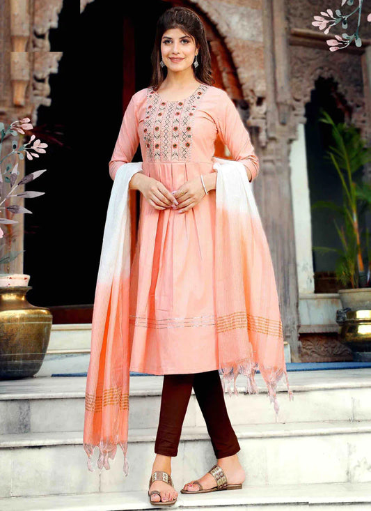 Peach Cotton Embroidered Ready Made Kurti with Dupatta