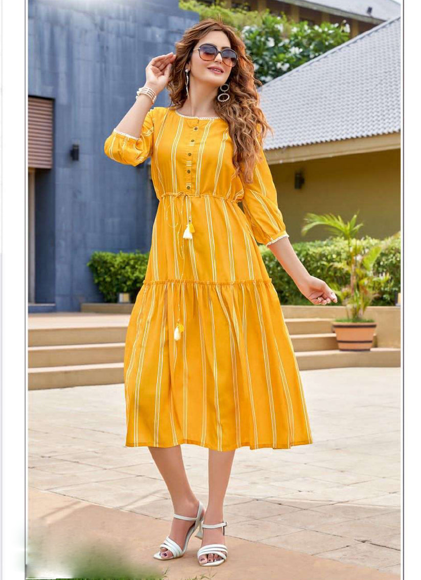 Yellow Rayon Printed Ready Made Party Wear Kurti