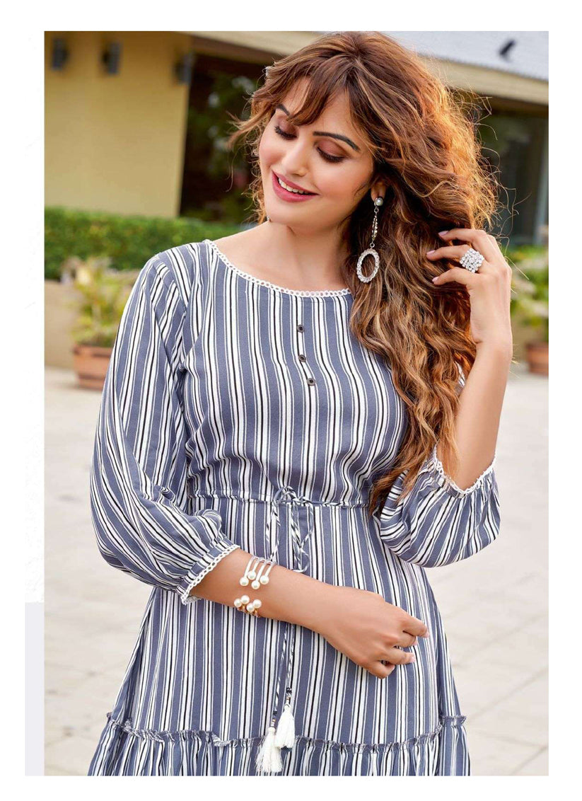 Rugged Blue and White Rayon Printed Ready Made Party Wear Kurti