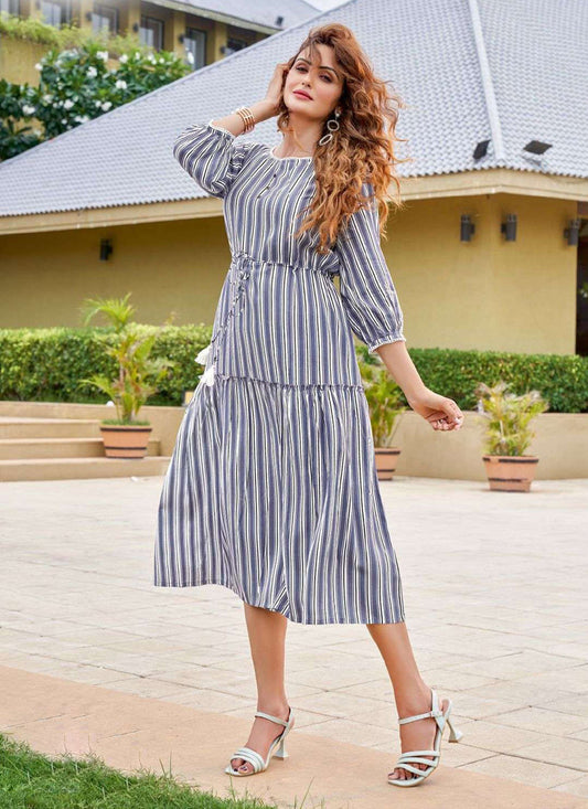 Rugged Blue and White Rayon Printed Ready Made Party Wear Kurti