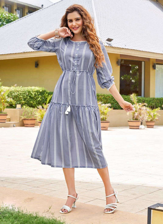 Phantom Violet Rayon Printed Ready Made Party Wear Kurti