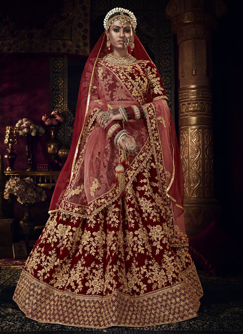 Maroon velvet hot sale wedding lehenga