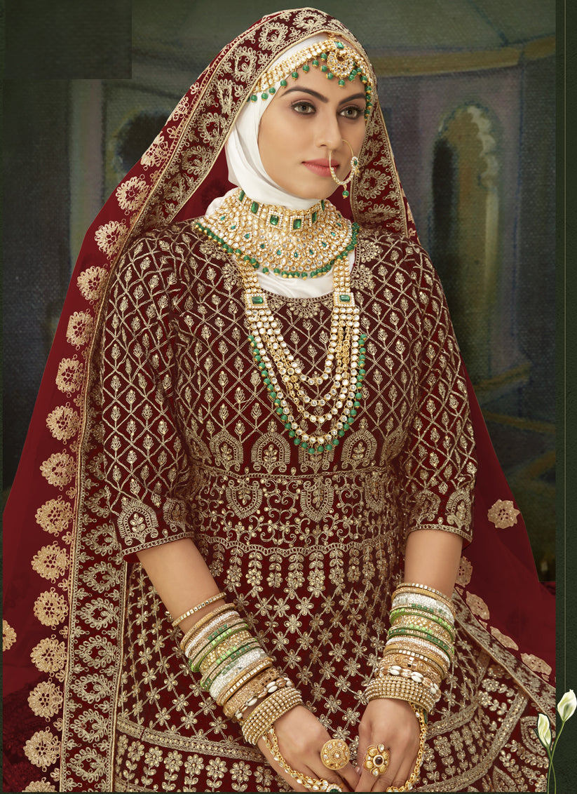 Maroon Heavy Velvet Embroidered Bridal Lehenga Choli
