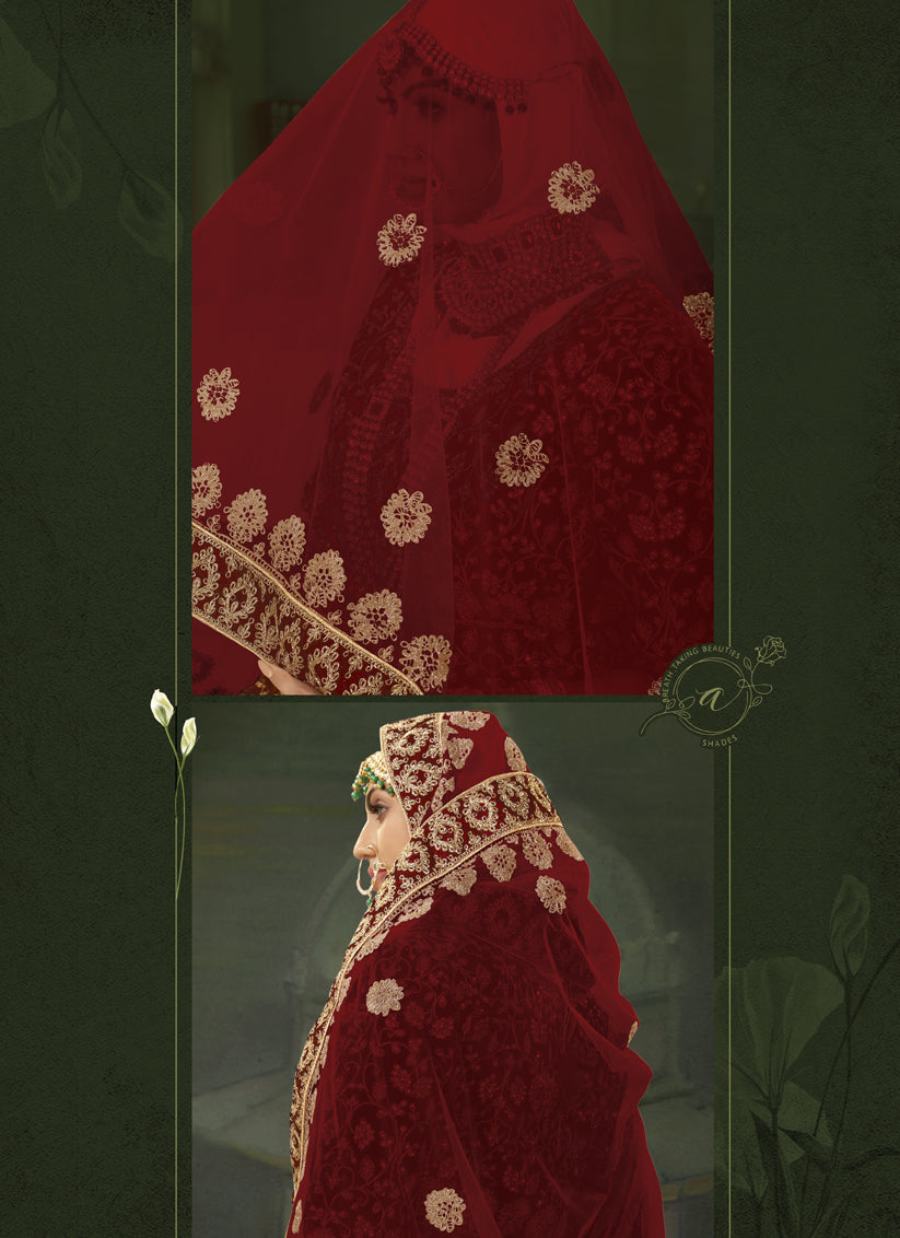 Maroon Heavy Velvet Embroidered Bridal Lehenga Choli